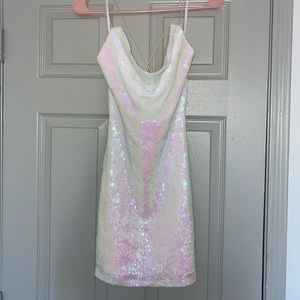 Iridescent white sequin body-con mini dress